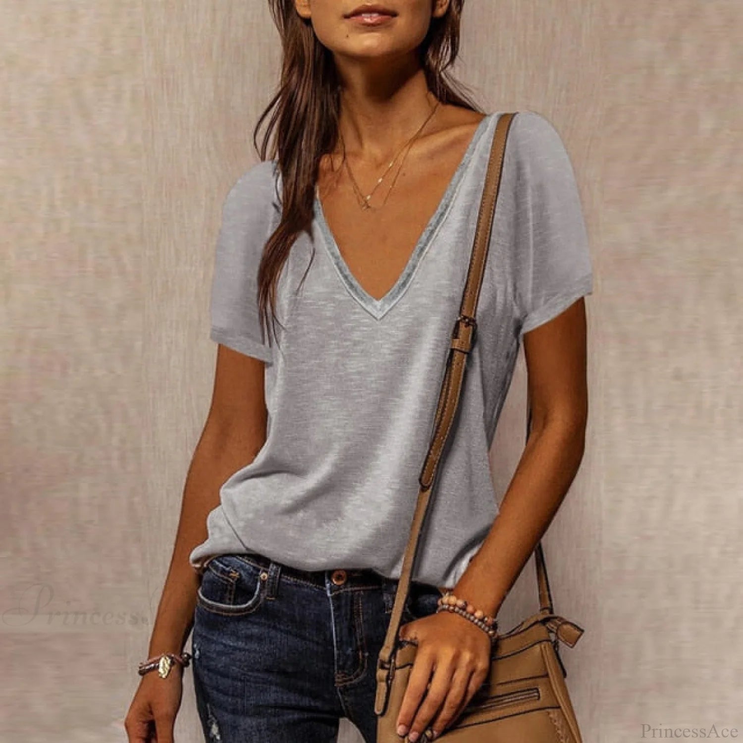 Neck Top Plus Women’s - T-Shirt Warm-Season Loose V Arm Patchwork Brief Size 2 / S