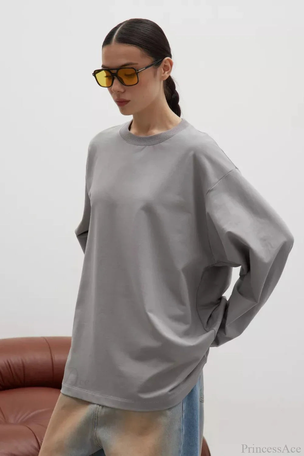 Solid Color Crew Neck Loose Casual Long Sleeve Tee