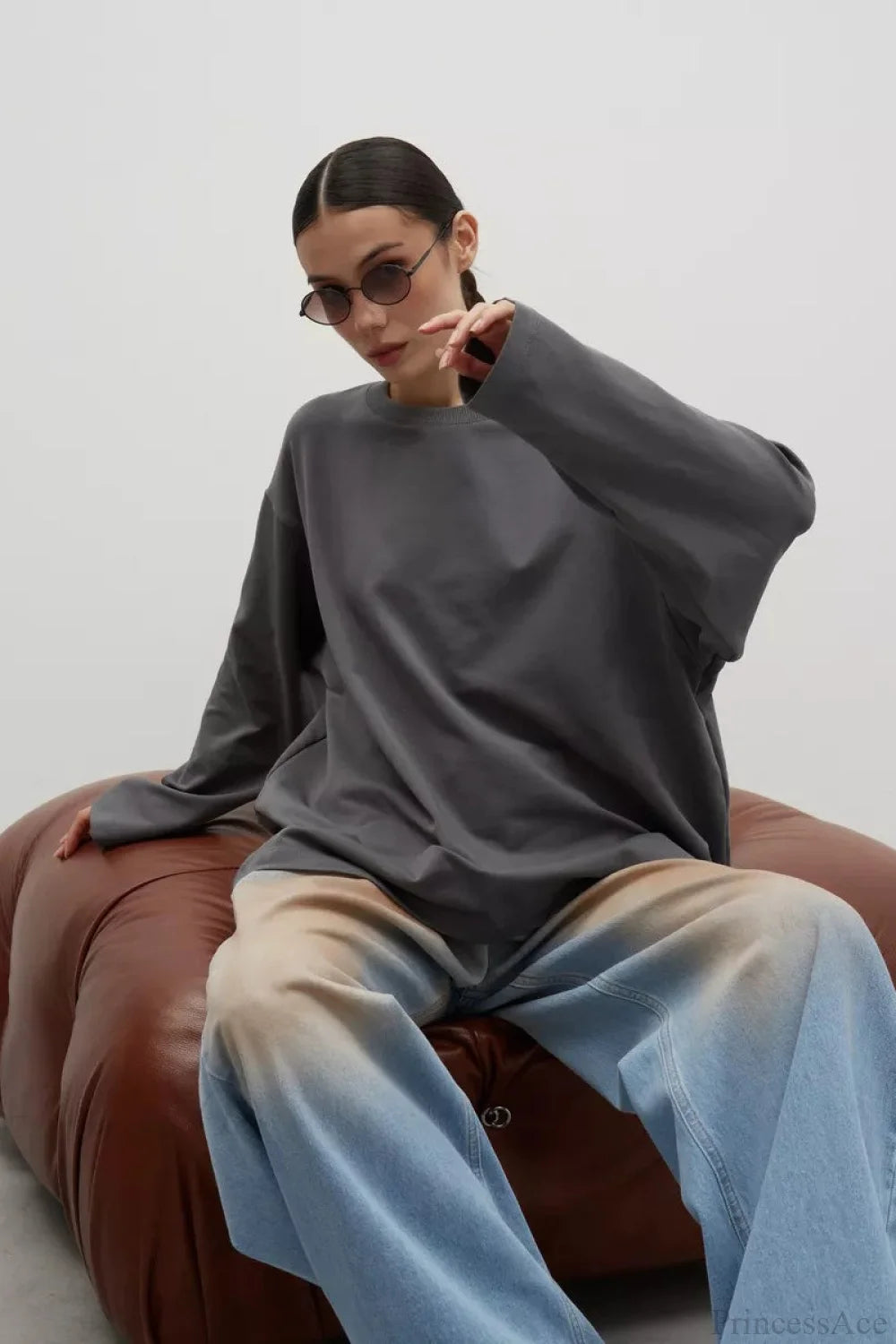 Solid Color Crew Neck Loose Casual Long Sleeve Tee Dark gray / S