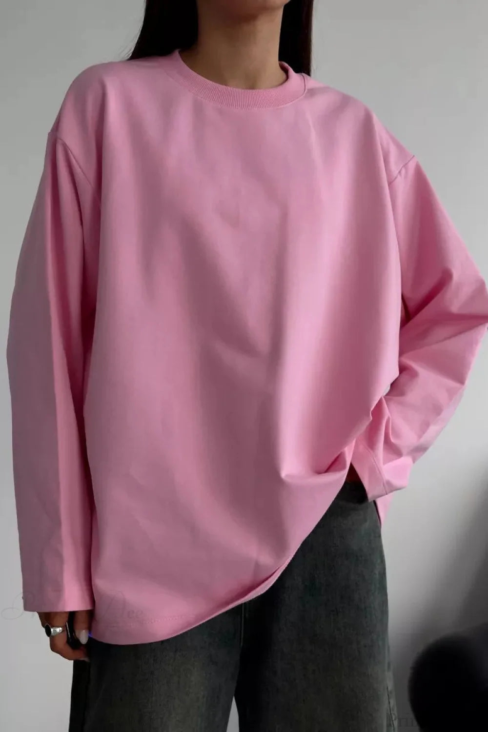 Solid Color Crew Neck Loose Casual Long Sleeve Tee Pink / S