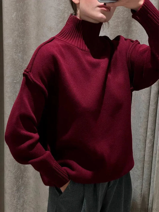 Solid Color Fashion Turtleneck Sweater Burgundy / S