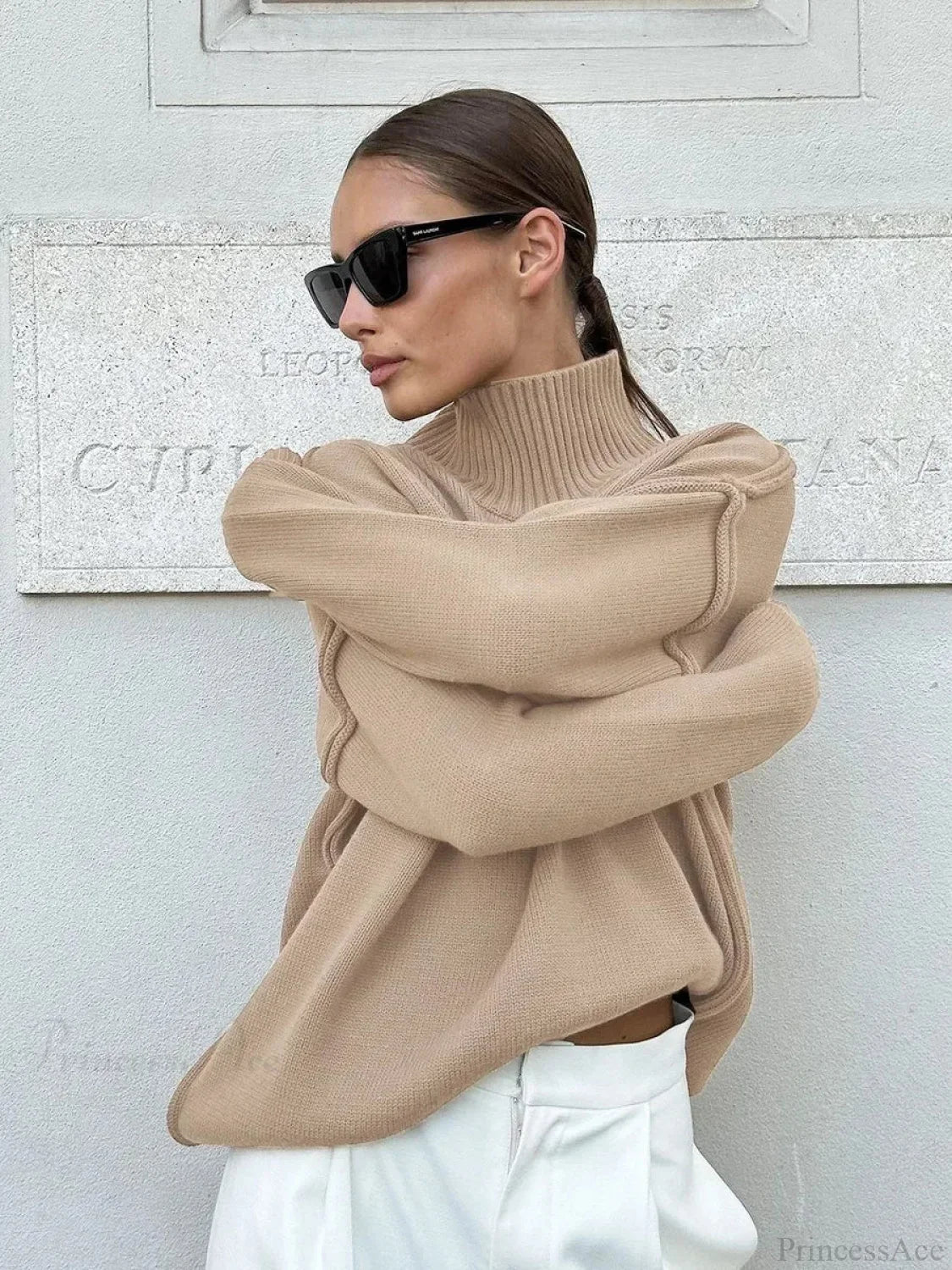 Solid Color Fashion Turtleneck Sweater Khaki / S