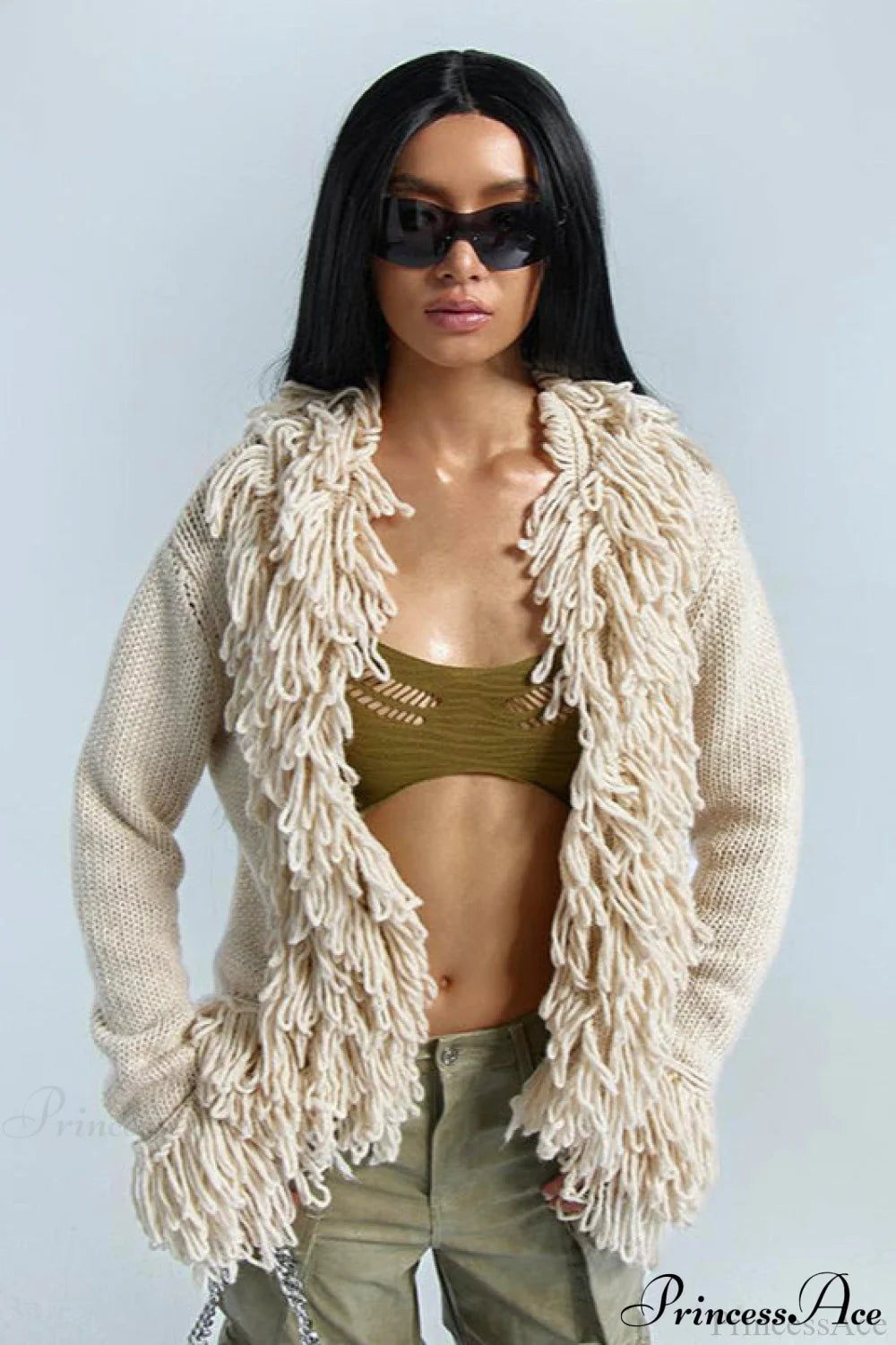 Solid Color Knit Fringe Loose Long Sleeve Cardigan