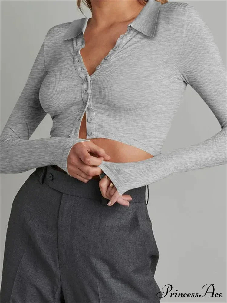 Solid Color Long Sleeve Basic Cropped Ribbed T-Shirts