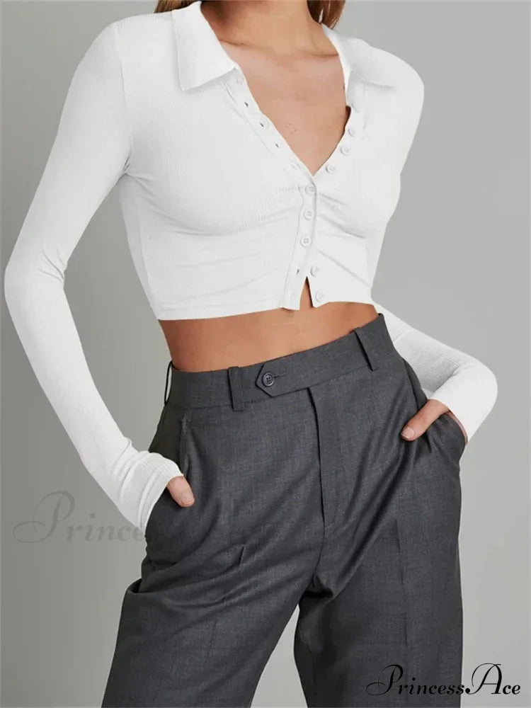 Solid Color Long Sleeve Basic Cropped Ribbed T-Shirts