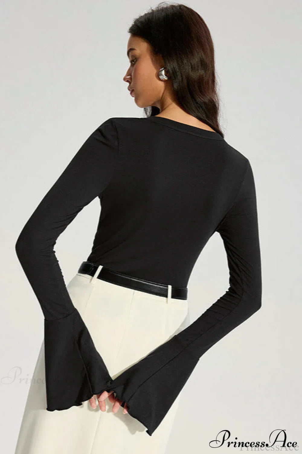 Solid Color Panel Flared Sleeve Ruffled Blouse