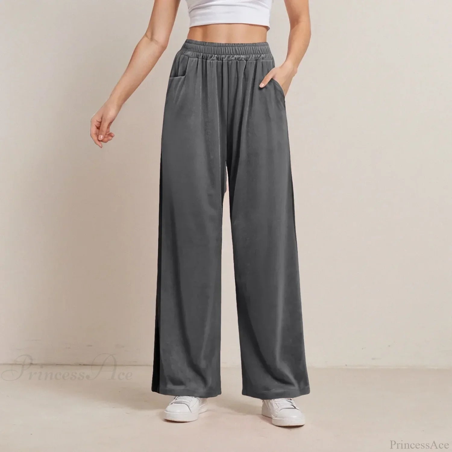 Solid Color Pocket Stretch Casual Pants Grey / S