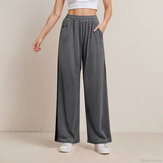 Solid Color Pocket Stretch Casual Pants Grey / S