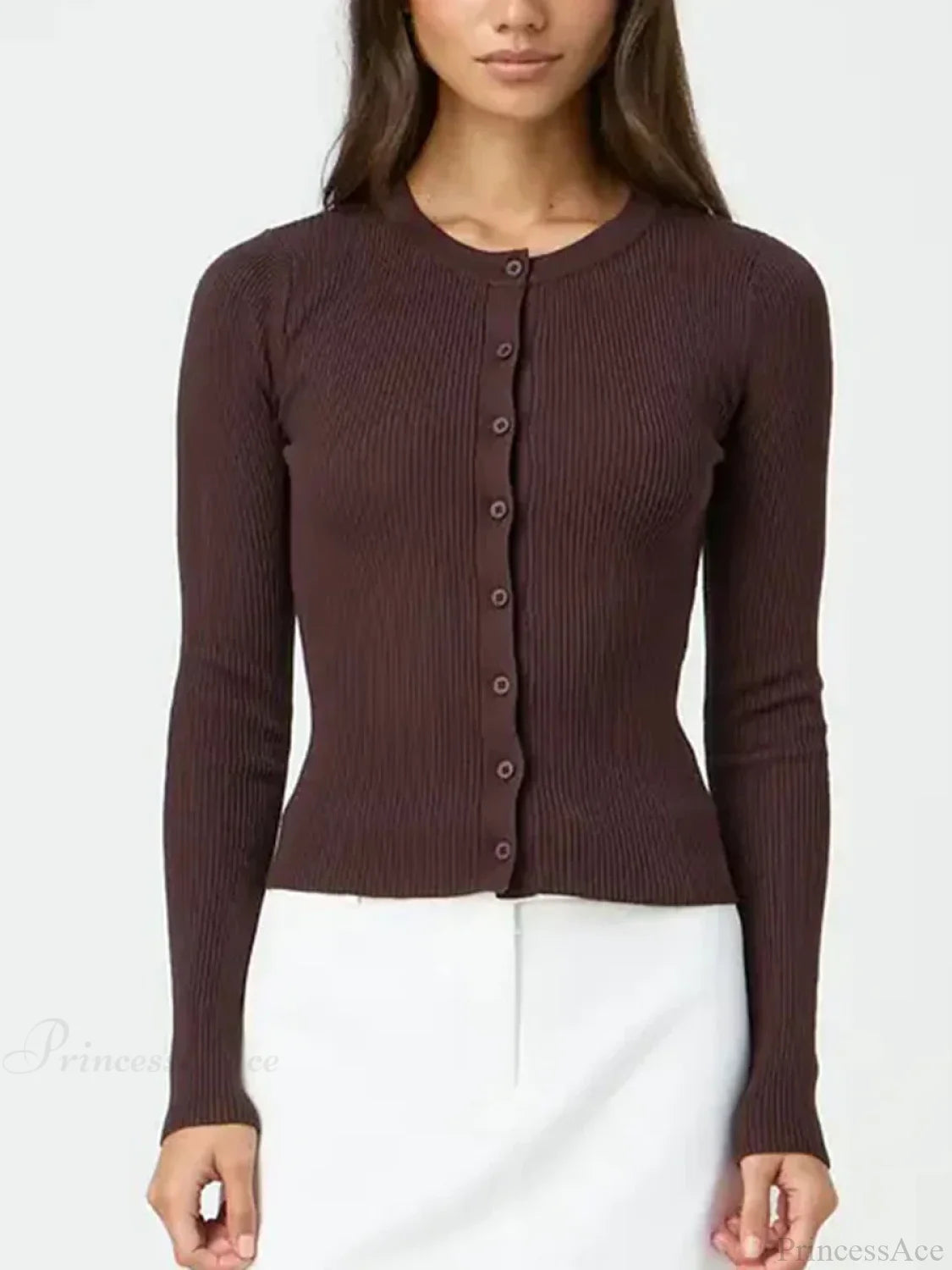 Solid Color Ribbed Long Sleeve Knit Cardigan brown / S