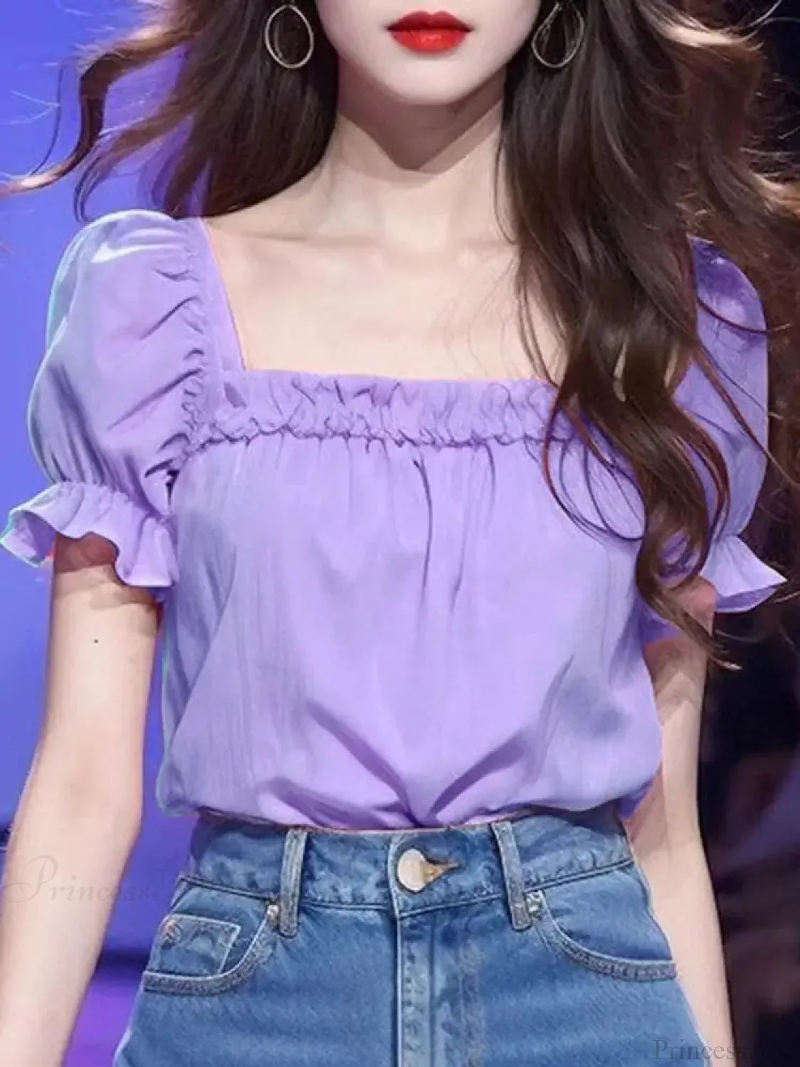 Solid Color Ruffled Square Neck Short Sleeve Blouse PURPLE / S blouse-250126