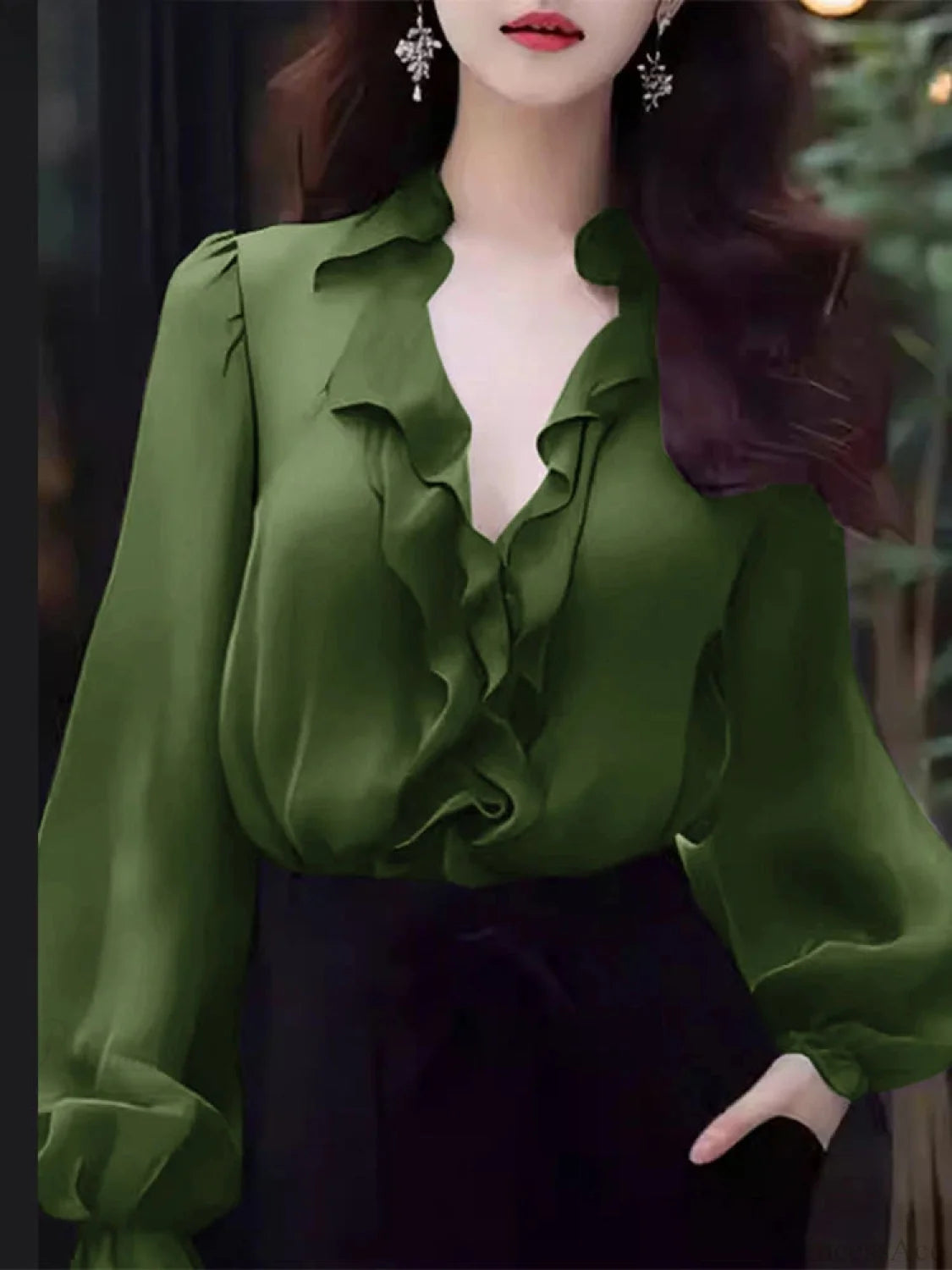 Solid Color Ruffled V-neck Lantern Sleeve Blouse Green / S blouse-250126