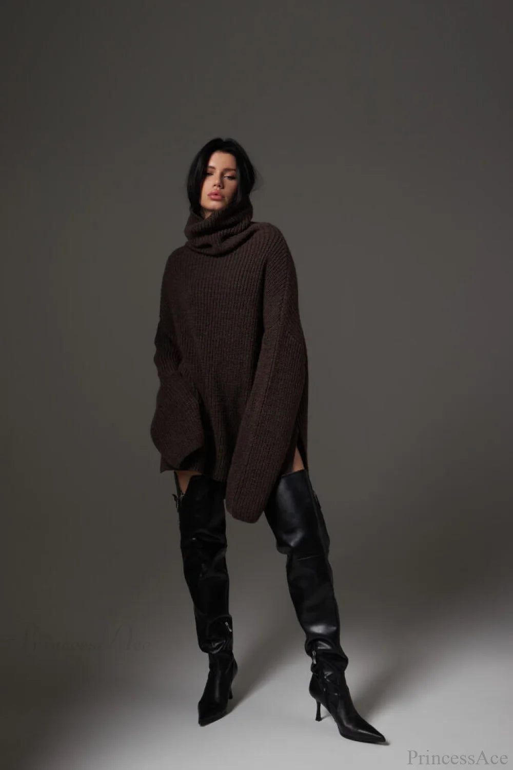 Solid Color Simple Turtleneck Pullover Mid length Knit Sweater