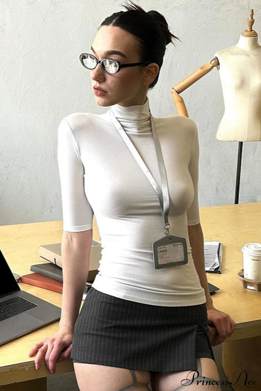 Solid Color Turtleneck Slim Long Sleeve Tee White / S