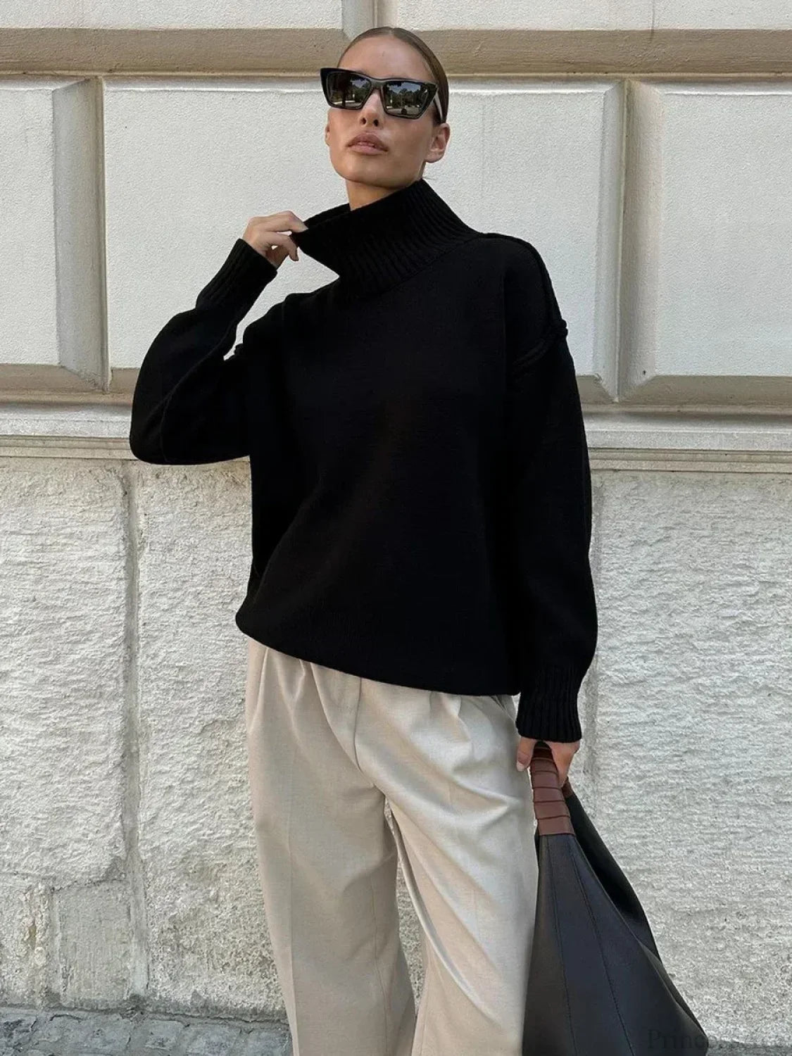 Solid Color Turtleneck Thick Loose Sweater Black / S