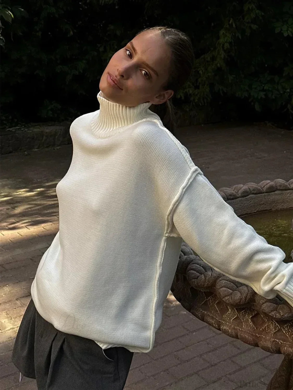 Solid Color Turtleneck Thick Loose Sweater White / S