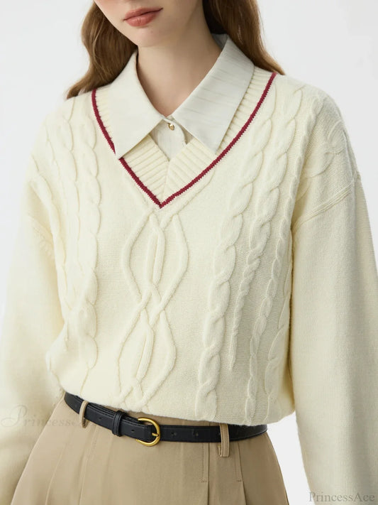 Solid Color Twisted Flower Pullover Sweater Beige / XS