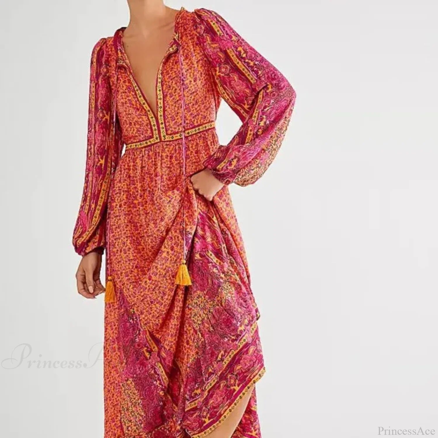 Solid Color V-neck Flare Sleeve Summer Boho Dress Orange / S bohodress-250126