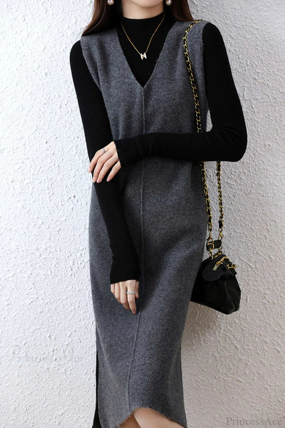 Solid Color Wool Tank Dress With V Neck Grey / M Midi Dresses
