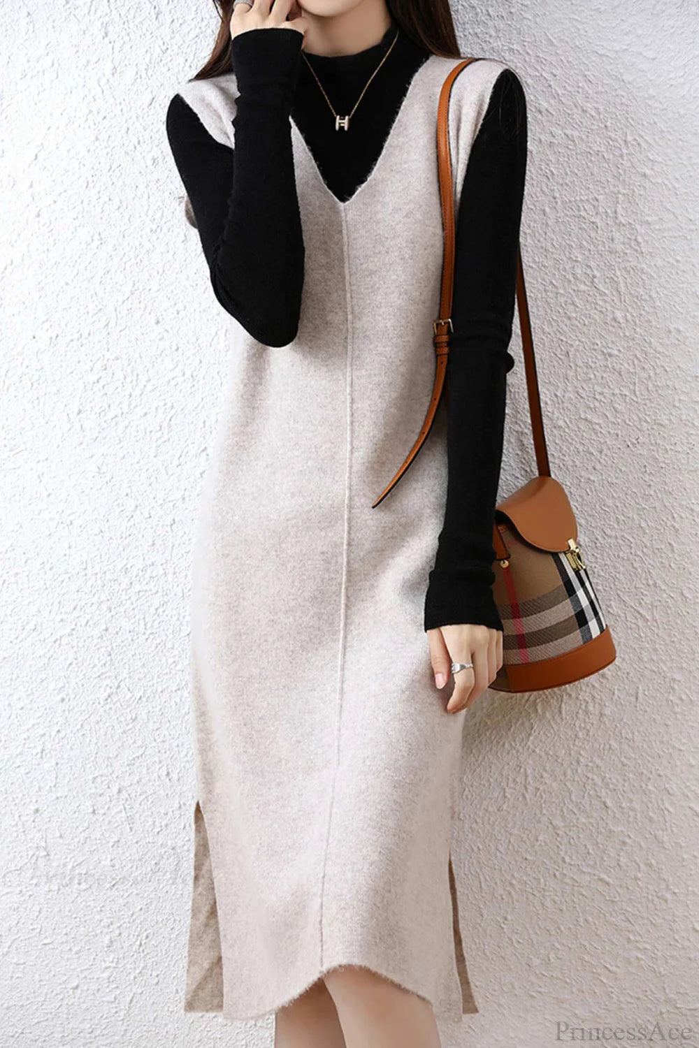 Solid Color Wool Tank Dress With V Neck Light Camel / Xl Midi Dresses