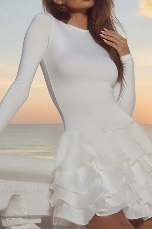 Solid Crew Neck Slim High Waist Puff Mini Dress