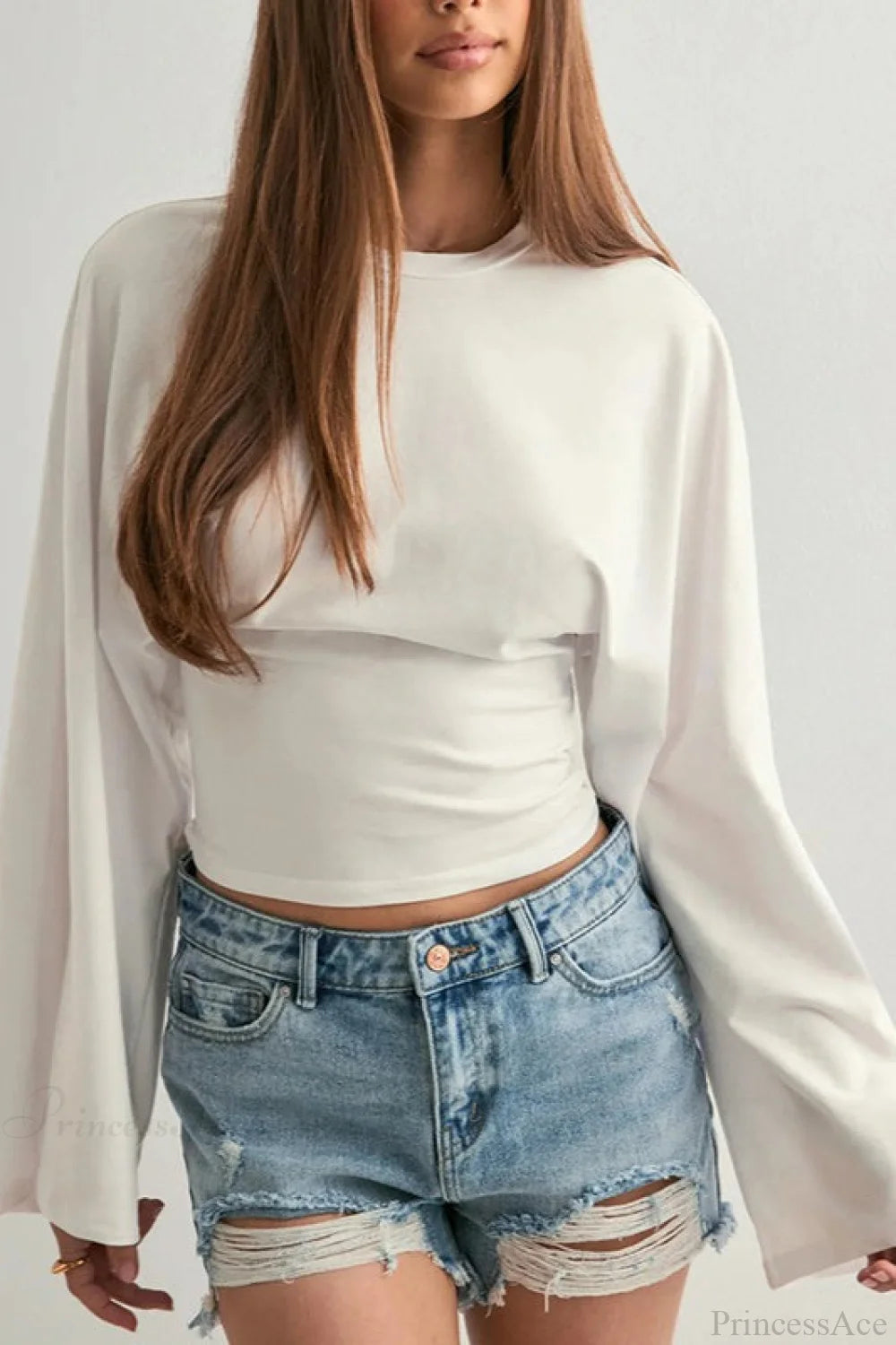 Solid Crew Neck Wide Sleeve Waist Cinched Long Sleeve Tee