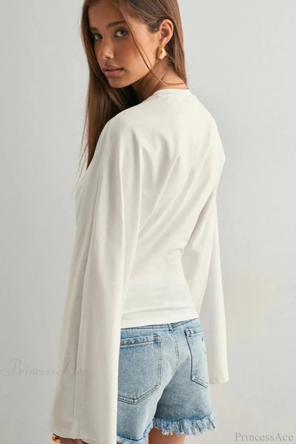 Solid Crew Neck Wide Sleeve Waist Cinched Long Sleeve Tee