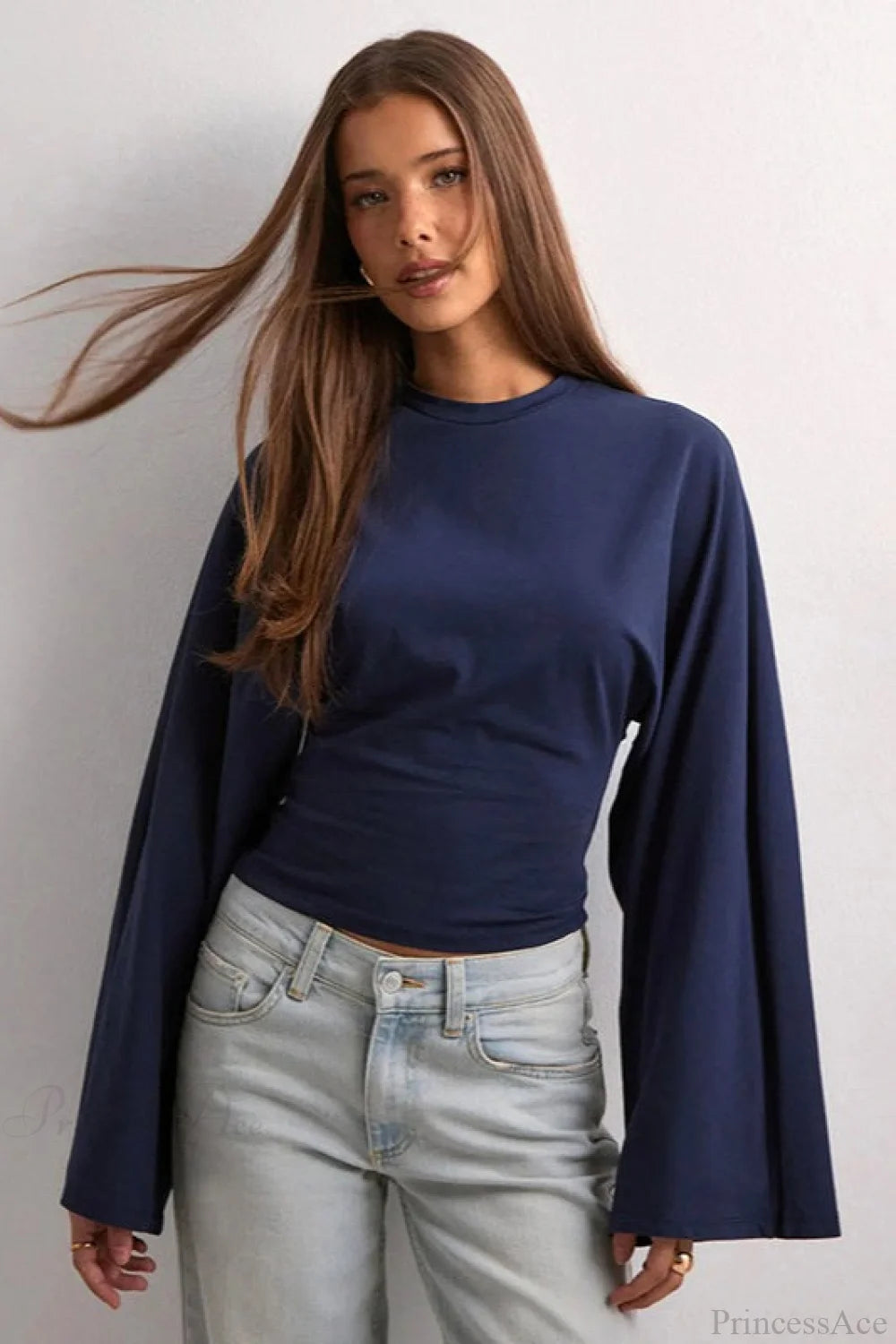 Solid Crew Neck Wide Sleeve Waist Cinched Long Sleeve Tee Navy blue / XS