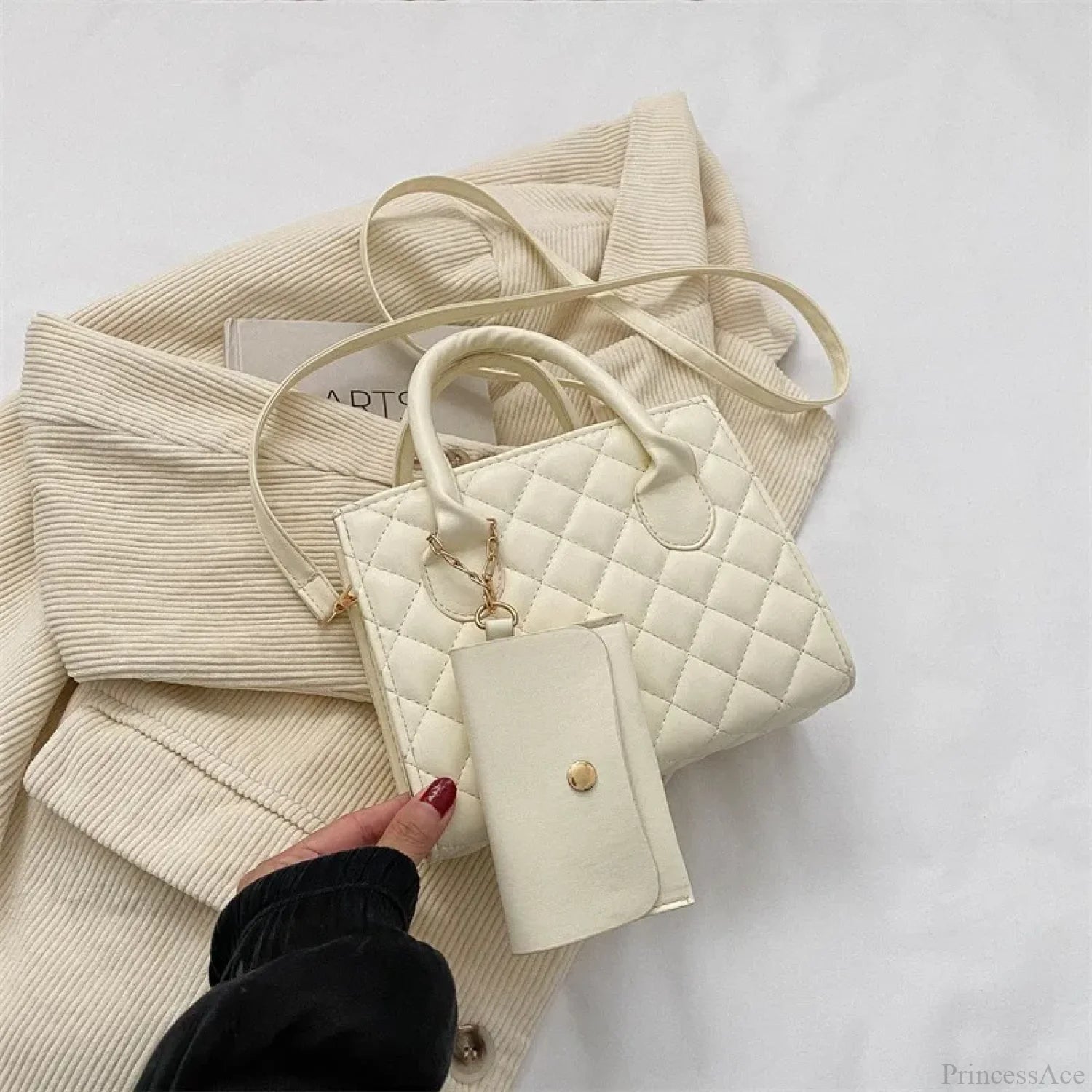 Solid Diamond Grid PU Leather Crossbody White crossbody-250126