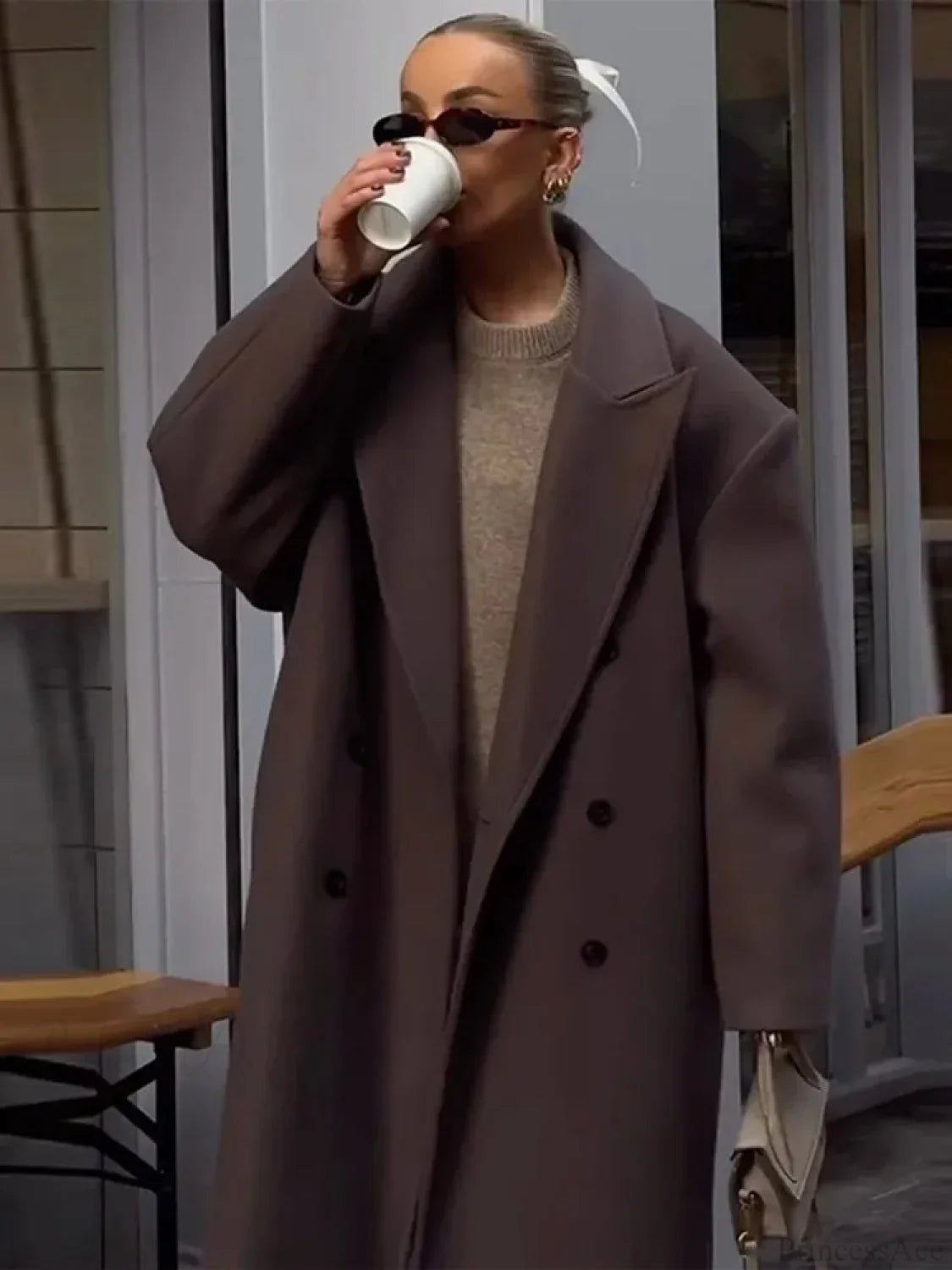 Solid Double-Breasted Turn-Down Overcoat