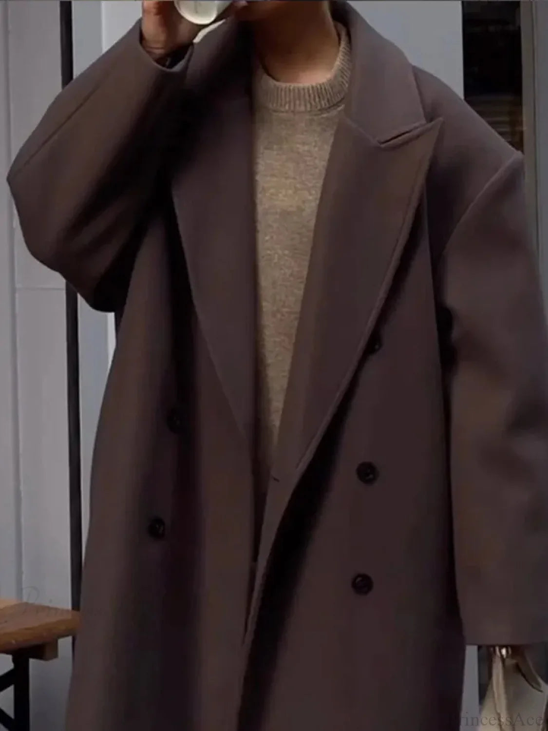 Solid Double-Breasted Turn-Down Overcoat