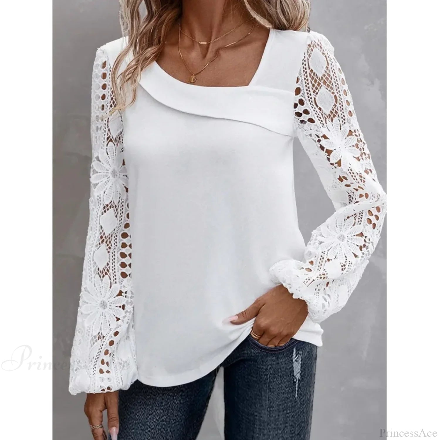 Solid Fashion Blouse Elegant Hollow Lace Blouse blouse-250126