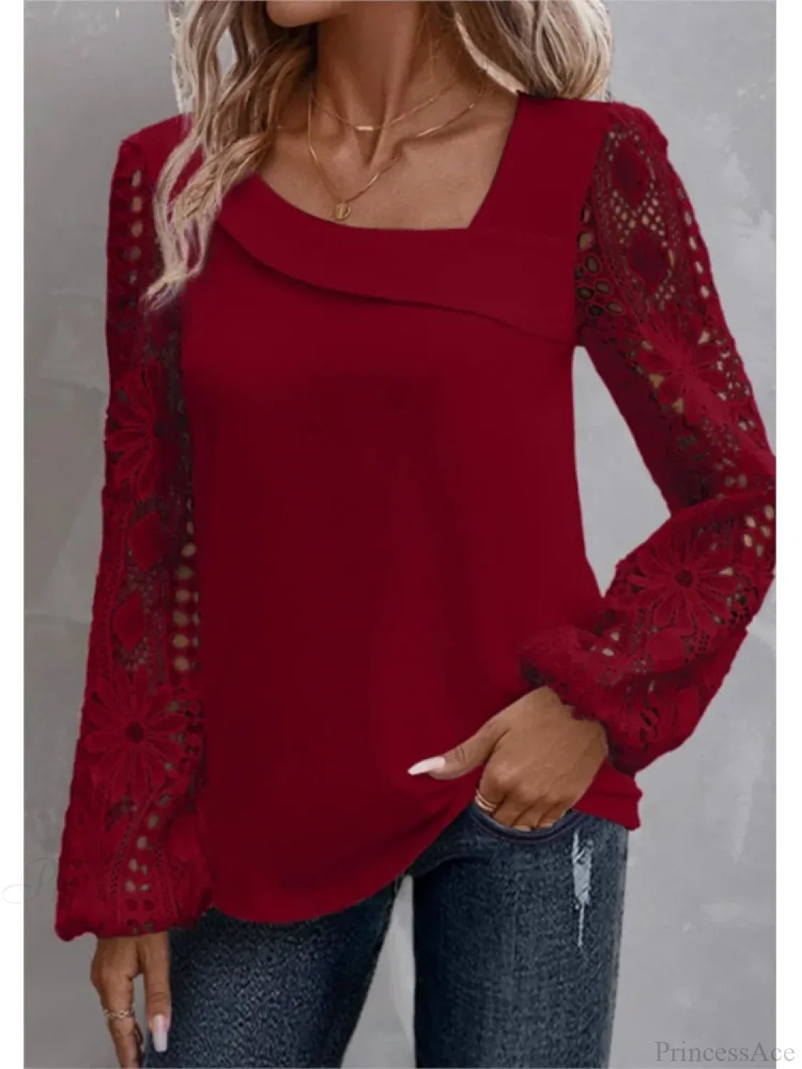 Solid Fashion Blouse Elegant Hollow Lace Blouse Red / S blouse-250126