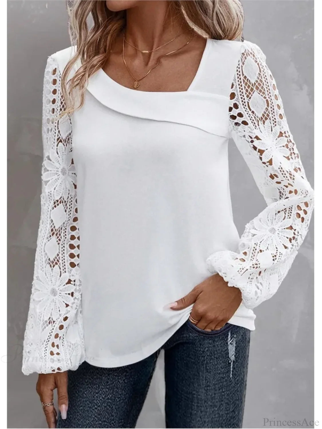 Solid Fashion Blouse Elegant Hollow Lace Blouse WHITE / S blouse-250126