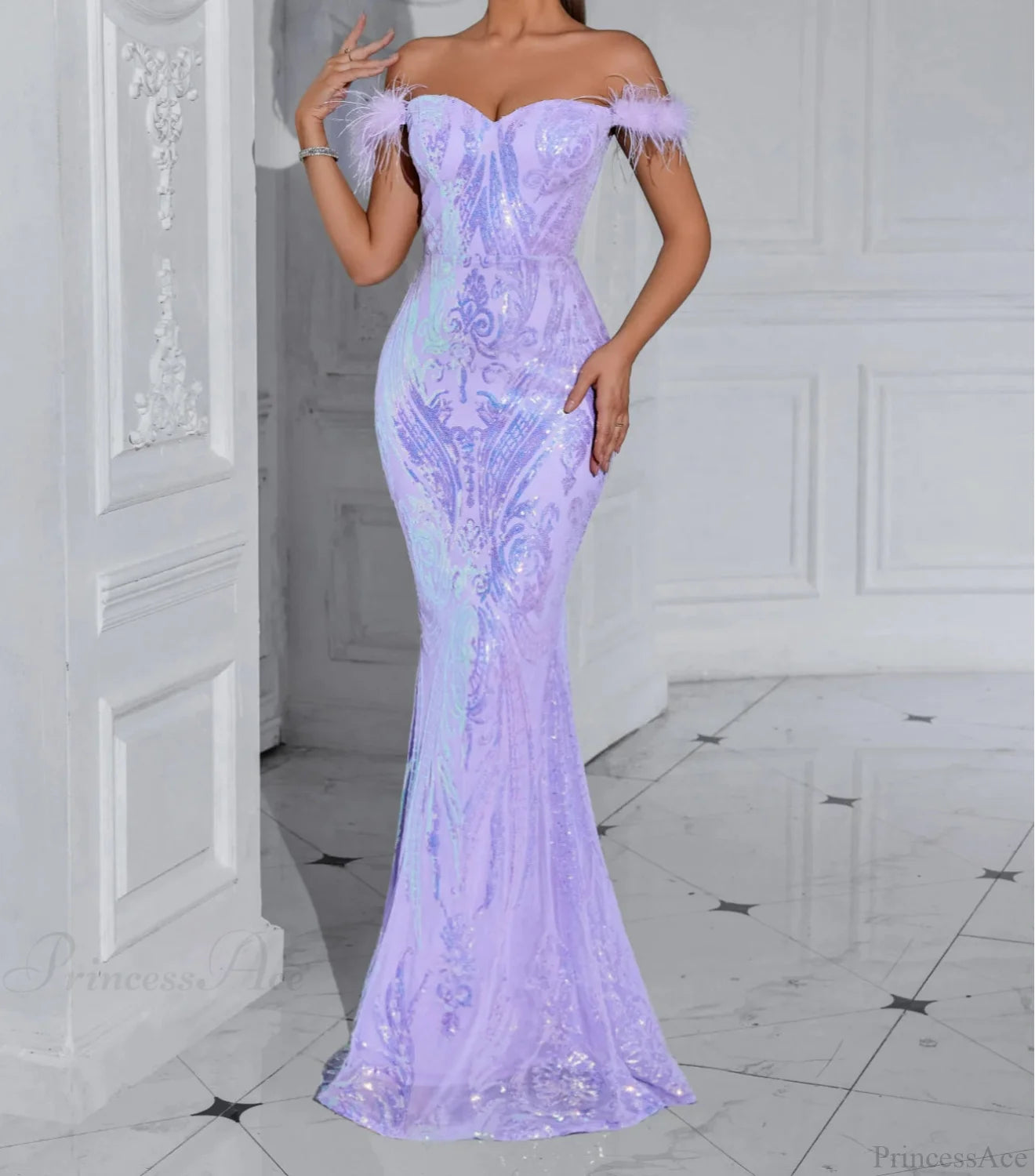 Solid Faux Feather Off-Shoulder Party Dress Partydress-241208