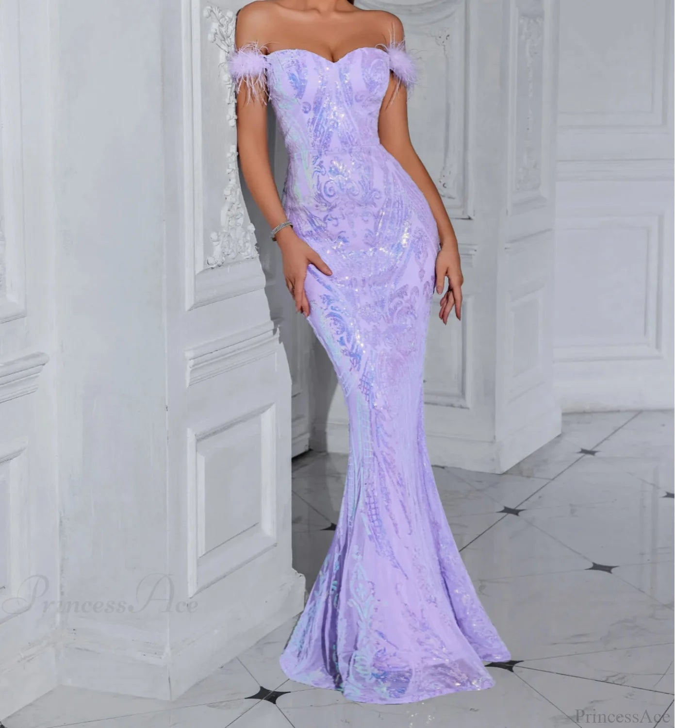 Solid Faux Feather Off-Shoulder Party Dress Partydress-241208