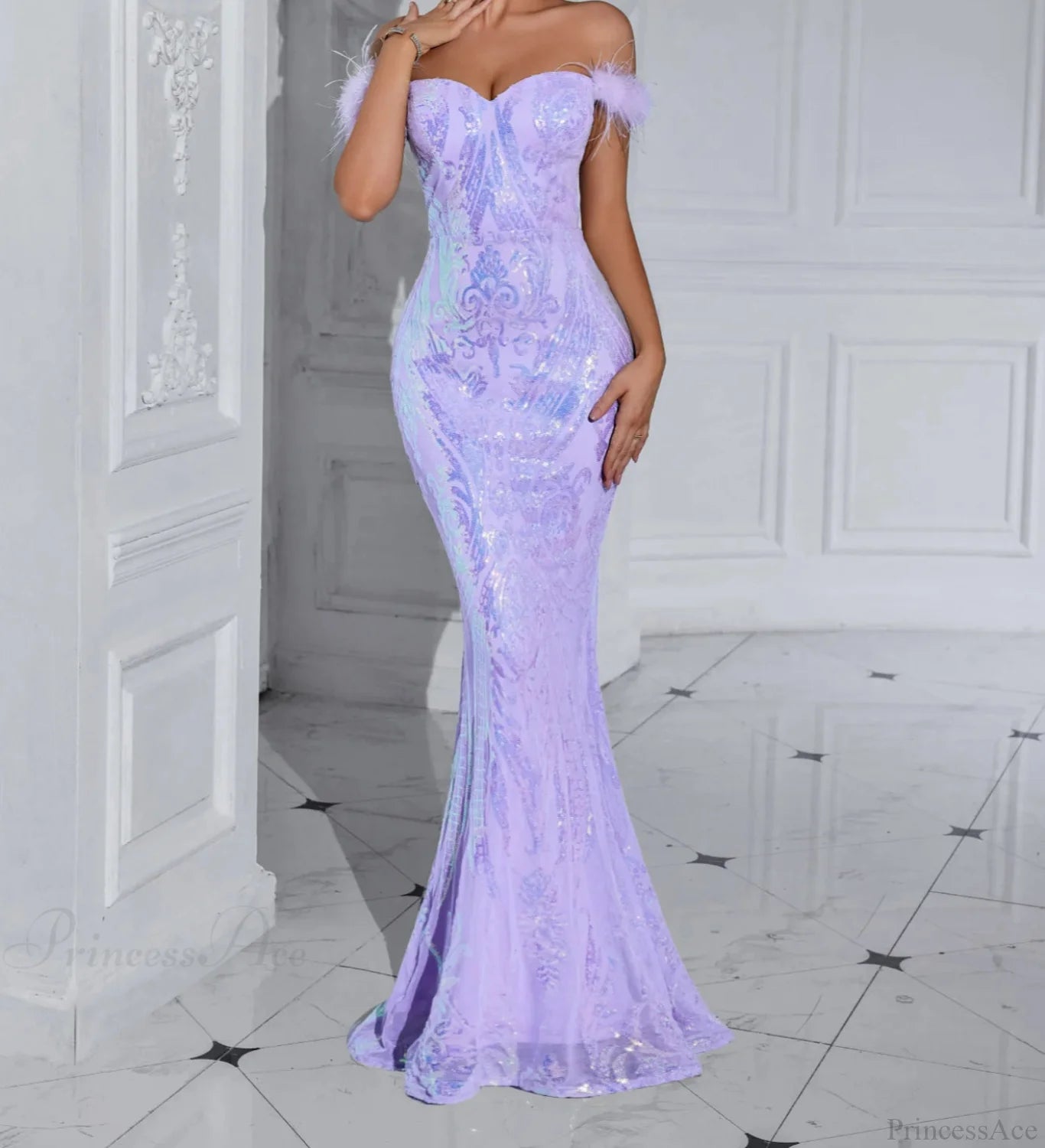 Solid Faux Feather Off-Shoulder Party Dress Partydress-241208