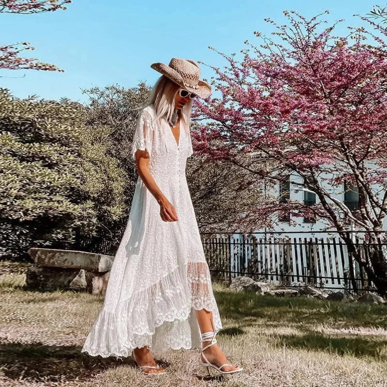 Solid Floral Short Sleeve Boho Dress bohodress-250126