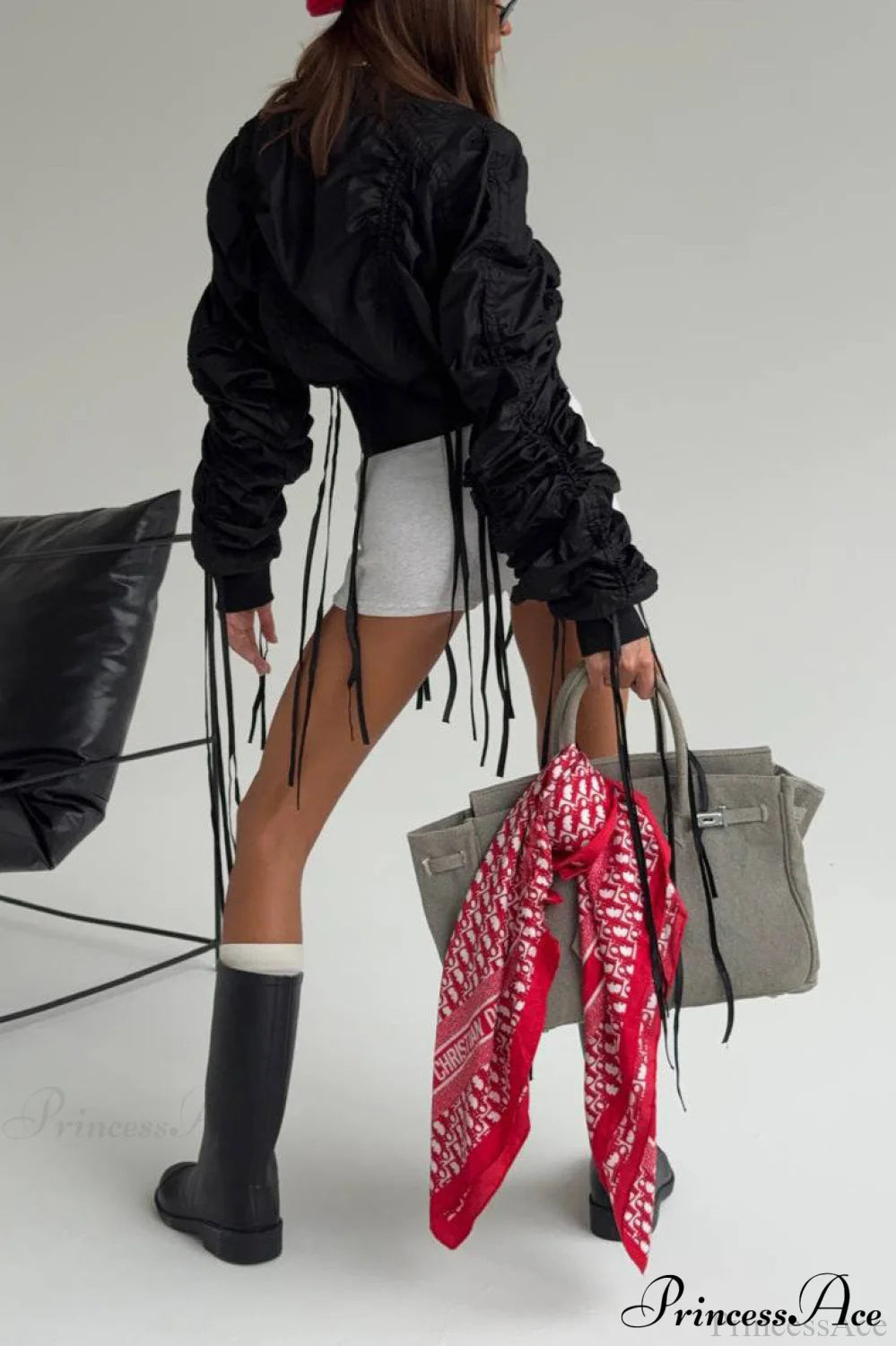 Solid Fringed Ruched Waist Short Zip Coat