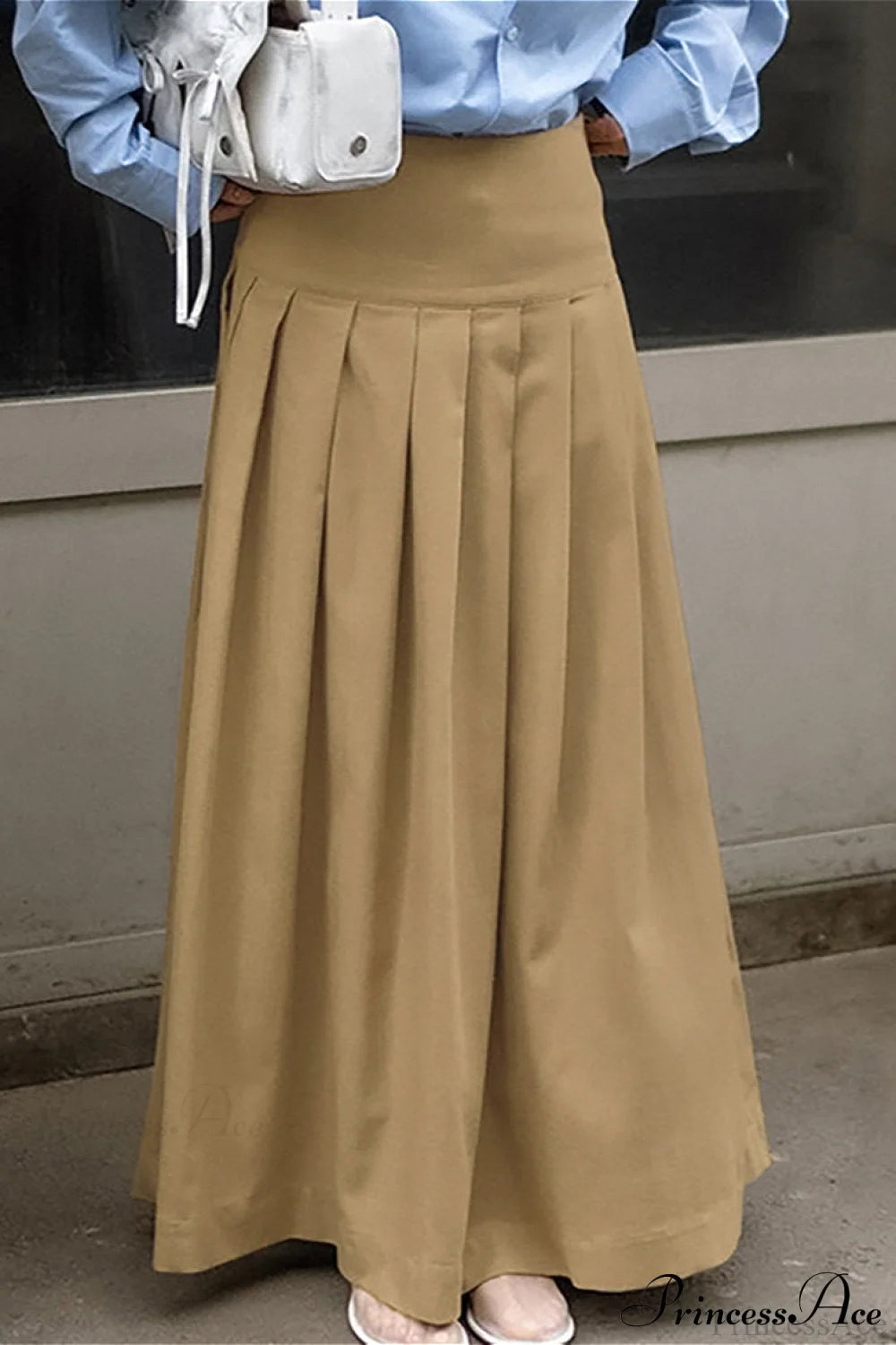 Solid High Waist Pleated Maxi Skirt Khaki / S