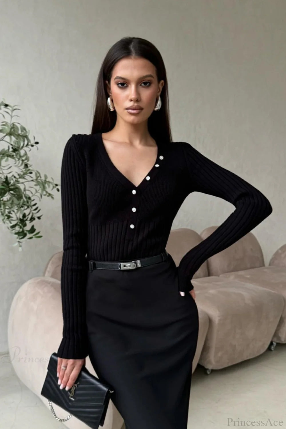 solid Knit Half Placket Slim Long Sleeve Tee