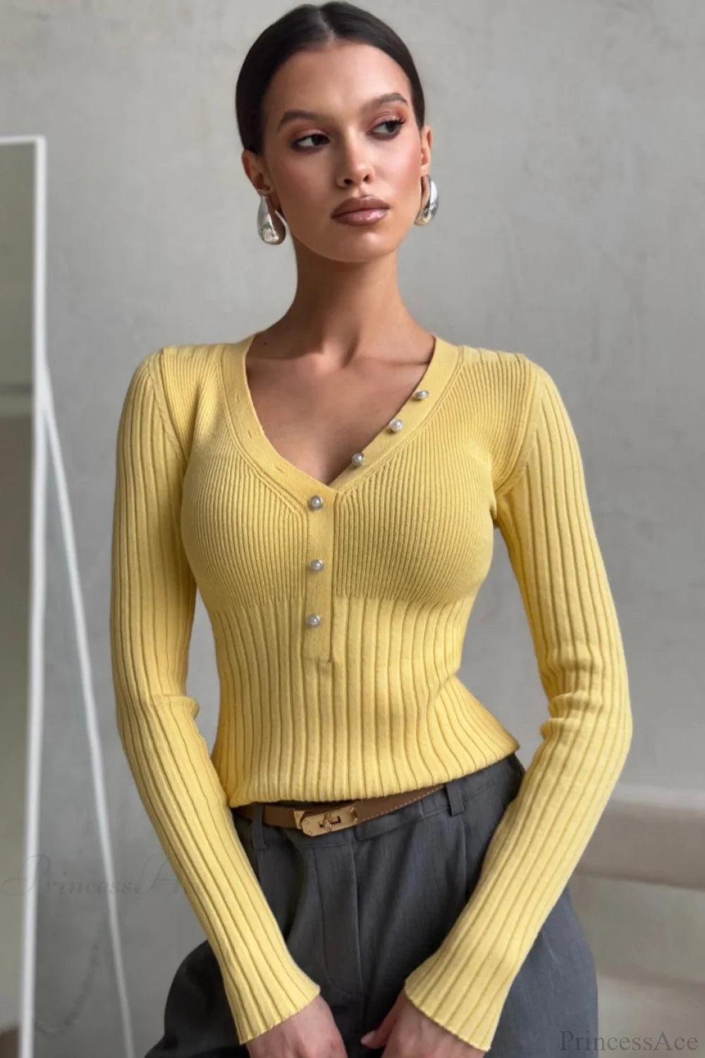solid Knit Half Placket Slim Long Sleeve Tee Yellow / S