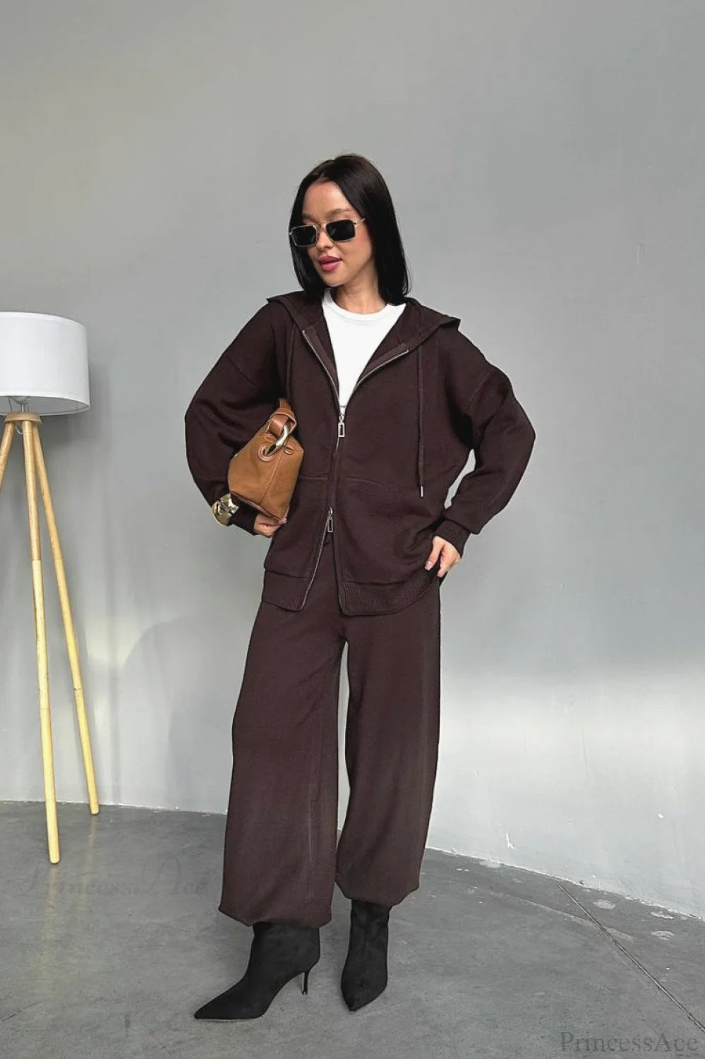 Solid Knit hooded Straight-Leg Two Piece Set Brown / S