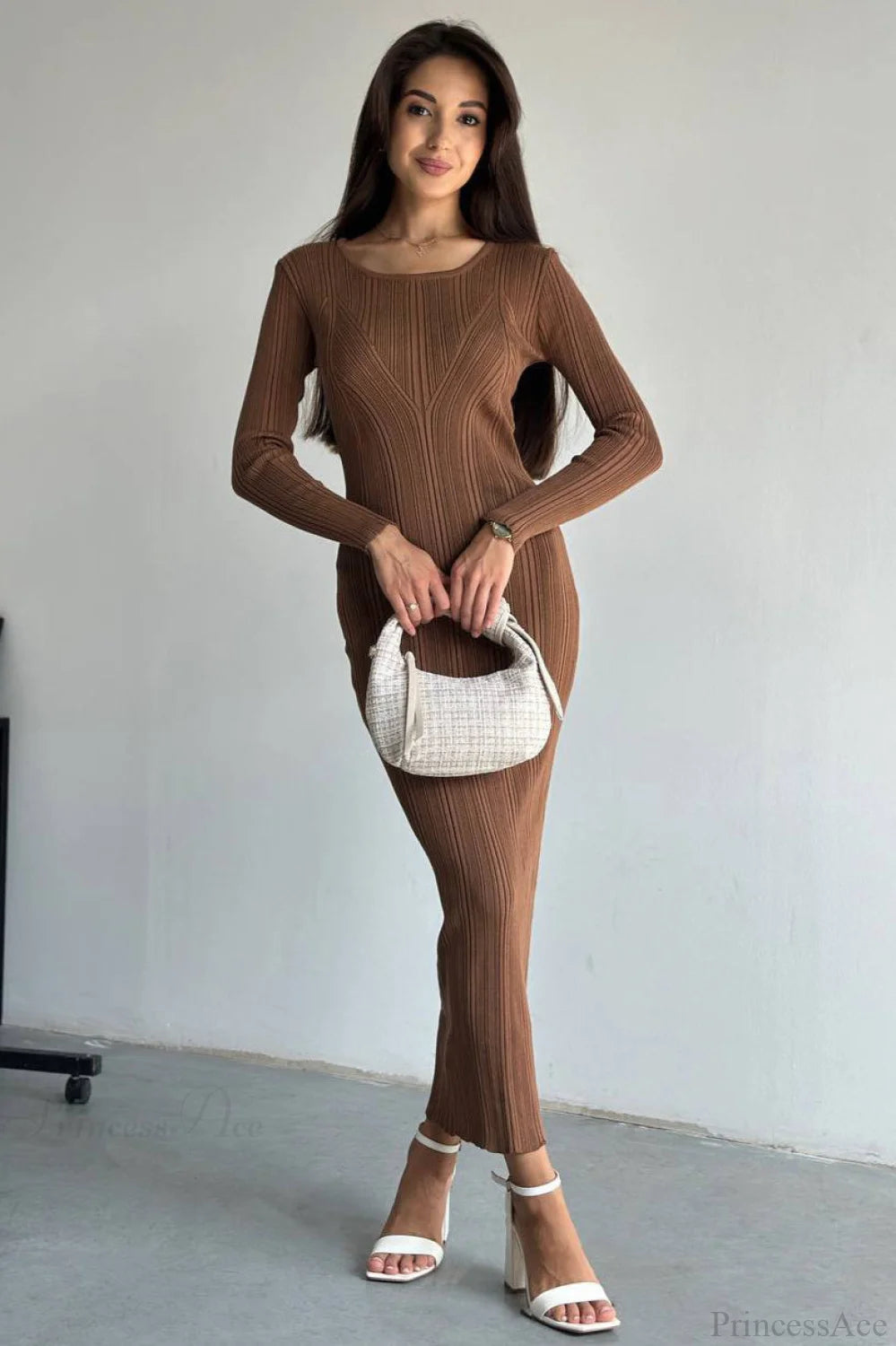 Solid Knit Waisted Long Sleeve Maxi Dress Brown / S