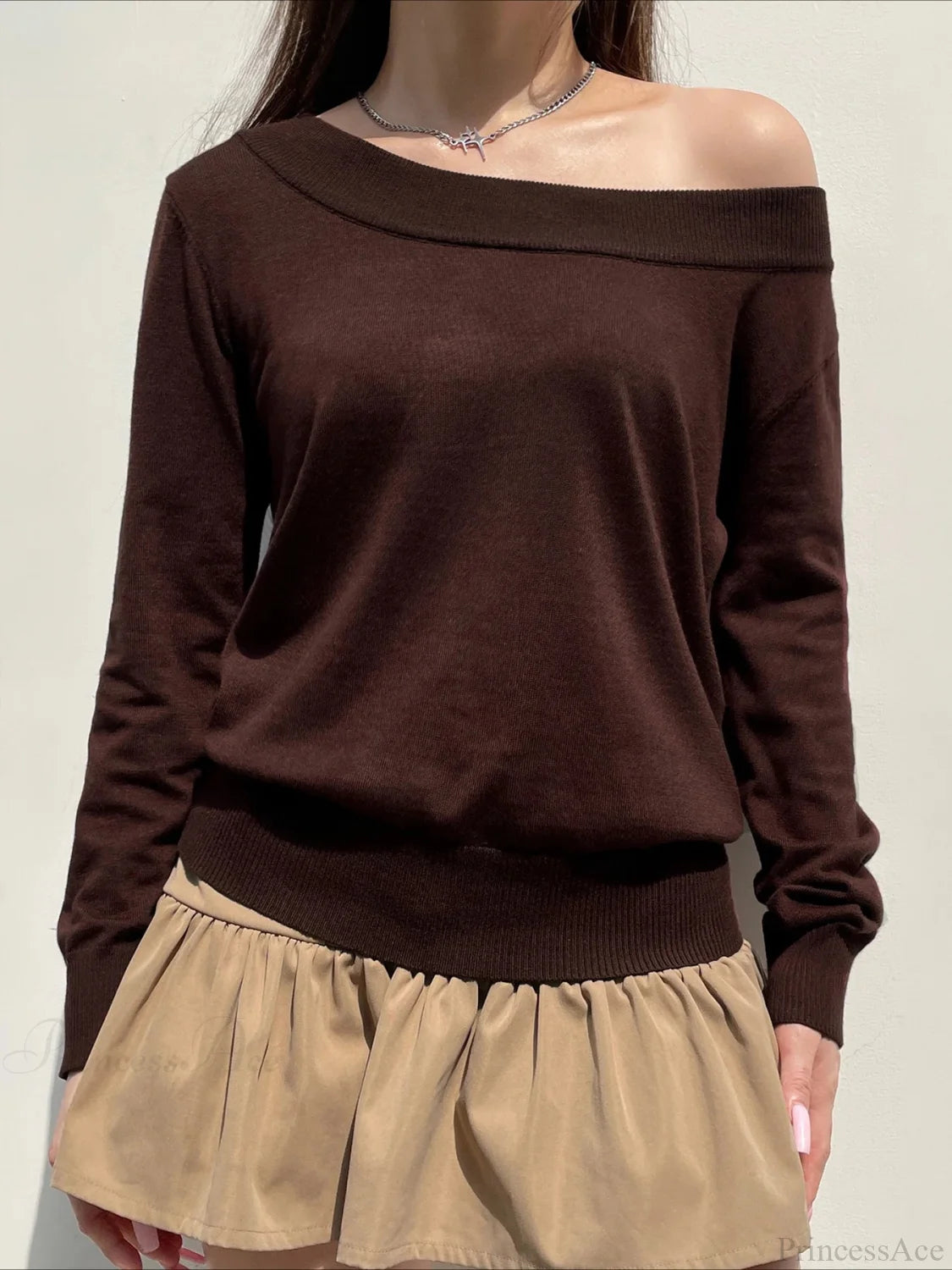 Solid Knitted Slash Neck Long Sleeve Pullover Sweater Brown / S knittop-250126