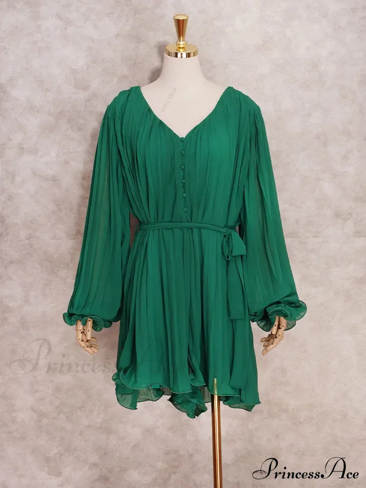 Solid Lace-Up V-Neck Button Ruffle Sexy Long Sleeves Mini Dress