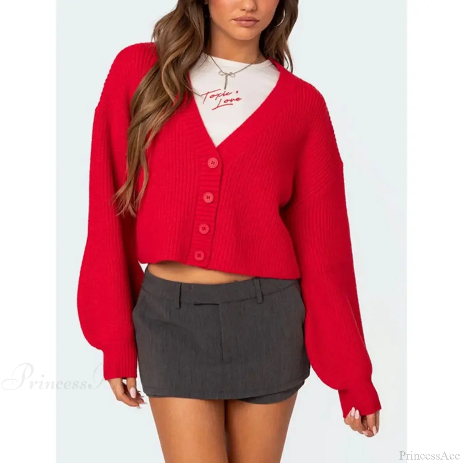 Solid Lantern Sleeve Button Down Knit Cardigan Red / S cardiagn-250126