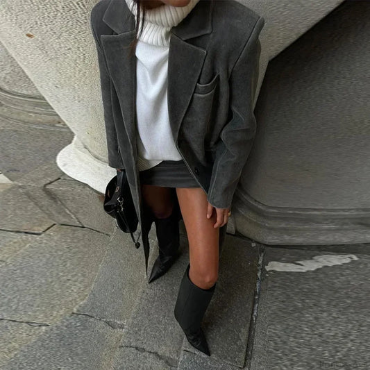 Solid Leather Lapel Single-Breasted Overcoat Gray / S