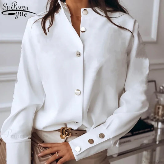 Solid Long Sleeve White Cotton Blouse White / S blouse-250223