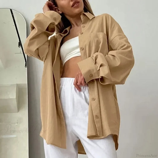 Solid Loose Cotton Blouse Elegant Autumn Blouse blouse-250126