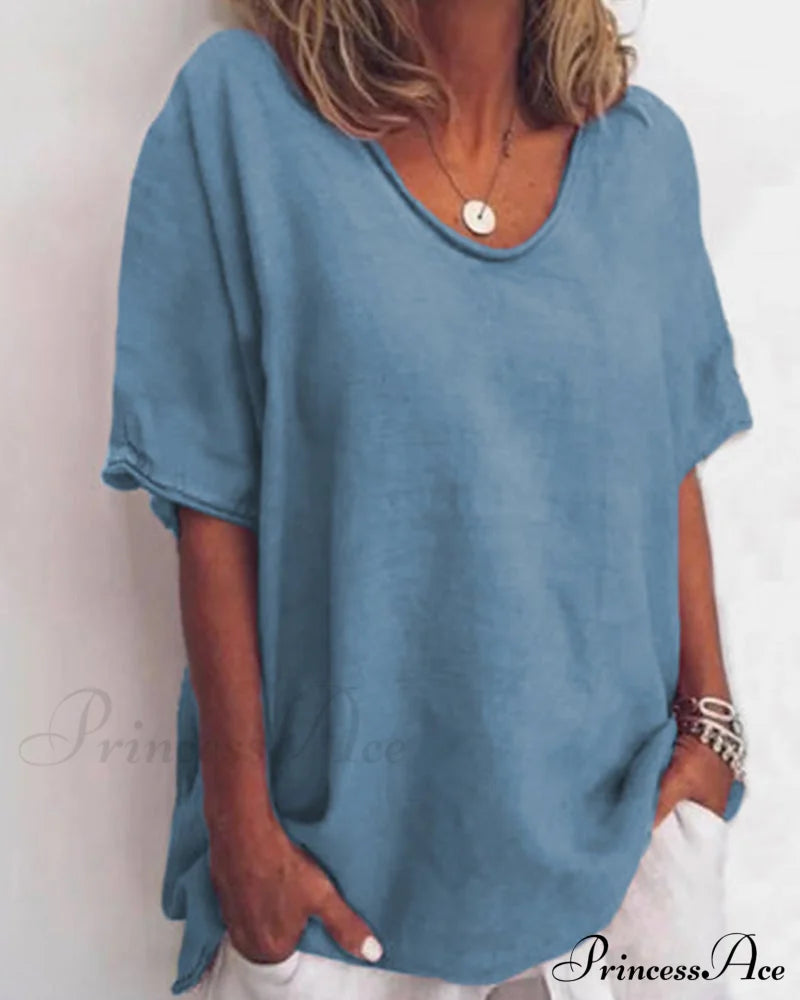 Solid color round neck loose t-shirt Blue 23BF clothes SALE Short Sleeve Tops Spring Summer T-shirts Tops/Blouses